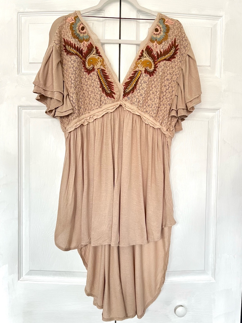 Free People Beige Embroidered Open Back Boho Tunic L size, see all photos